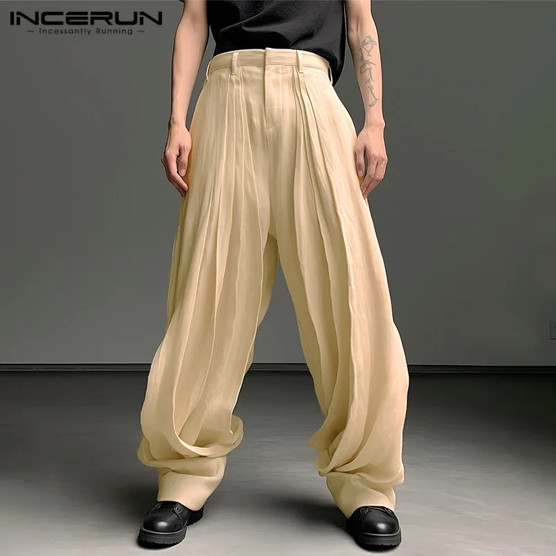 INCERUN 2024 Style coréen nouveaux hommes pantalons plissés couleur unie pantalons longs décontractés streetwear homme ample tout-match pantalons S-5XL