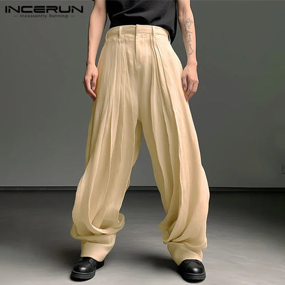 INCERUN 2024 Koreanische Stil Neue Männer Hosen Gefaltetes Festes Farbe Lange Hosen Casual Streetwear Männlichen Lose Alle-spiel Pantalons S-5XL