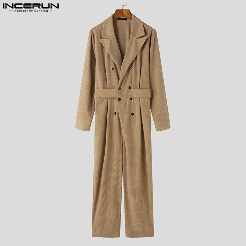 INCERUN 2024 American Style Stylish Jumpsuit Men Corduroy Double Breasted Suit Collar Design Long Sleeved Clubwear Rompers S-5XL