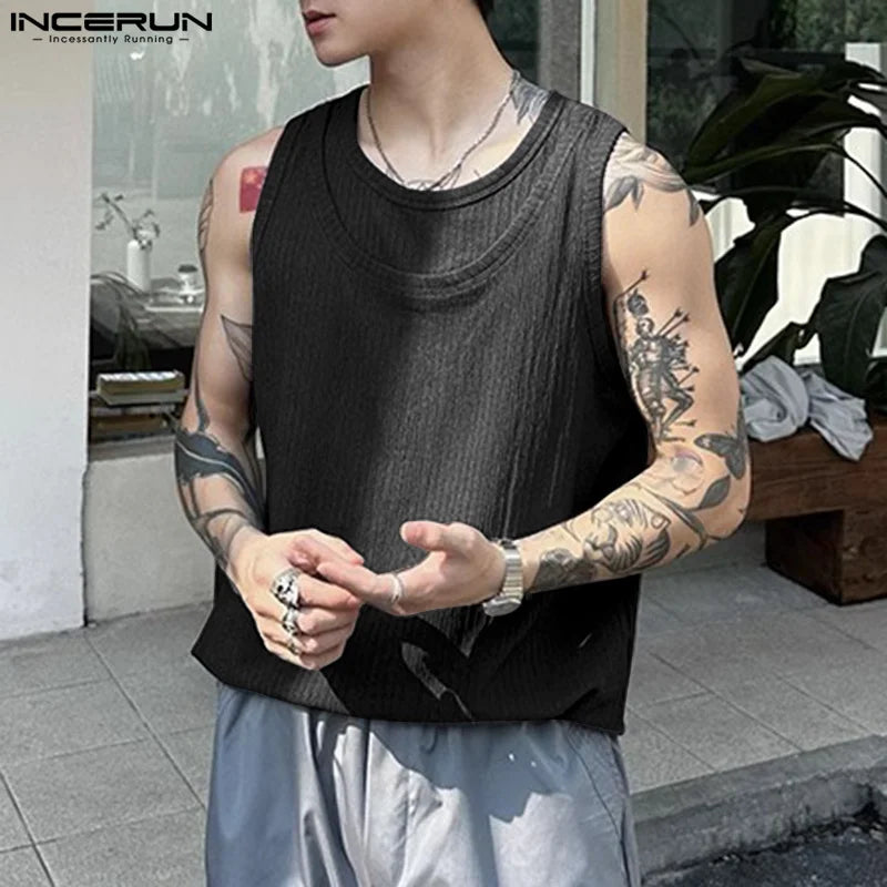 INCERUN Tops 2024 Korean Style Fashion Men Solid Splicing Fake Two-piece Vests Summer Casual Hot Sale Sleeveless Tank Tops S-5XL