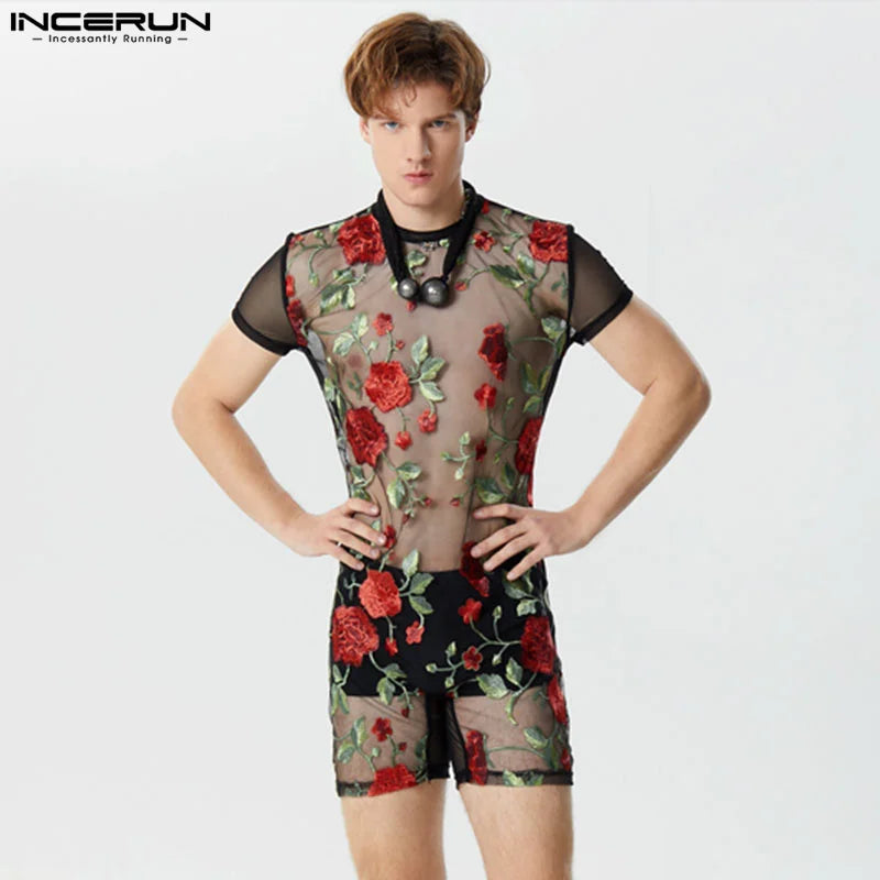 INCERUN Men's Bodysuits Mesh Transparent O-neck Short Sleeve Fashion Rompers Sexy 2024 Flower Embroidery Unisex Playsuits S-5XL