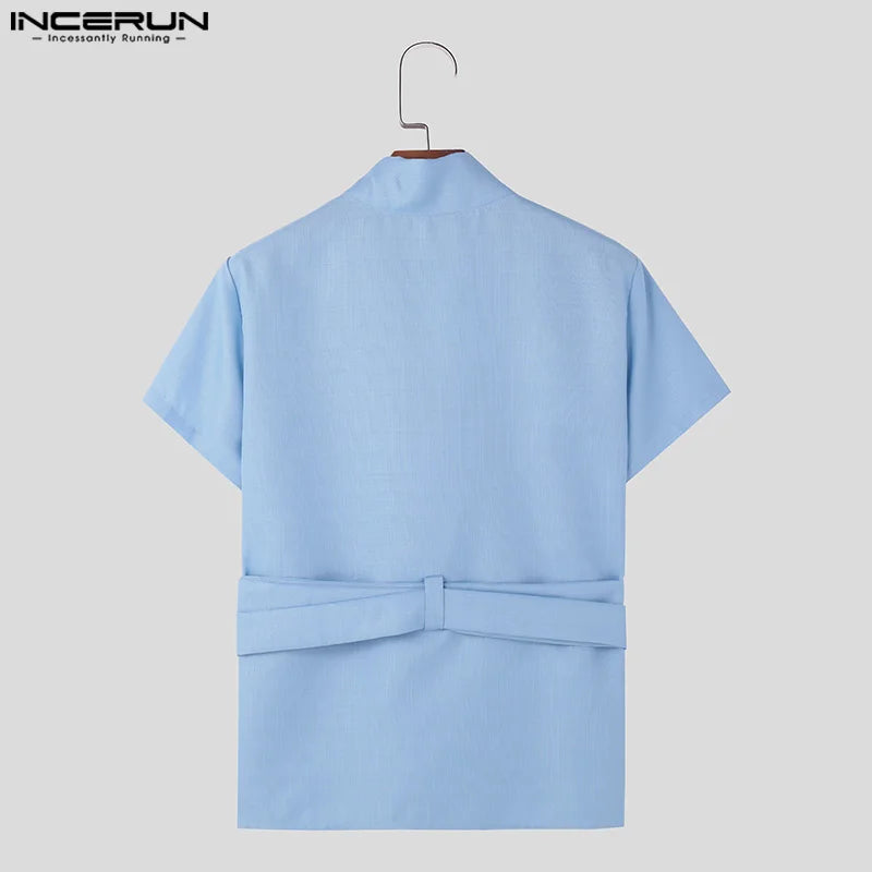 INCERUN Hommes T-shirt Couleur Unie Col en V Manches Courtes Été Décontracté Hommes T-shirt Hauts Streetwear 2024 À Lacets Mode Hommes Vêtements