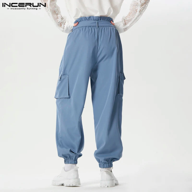 INCERUN Men Cargo Pants Solid Joggers Elastic Waist Trousers Men With Belt Streetwear Loose 2024 Fashion Casual Pantalon S-5XL