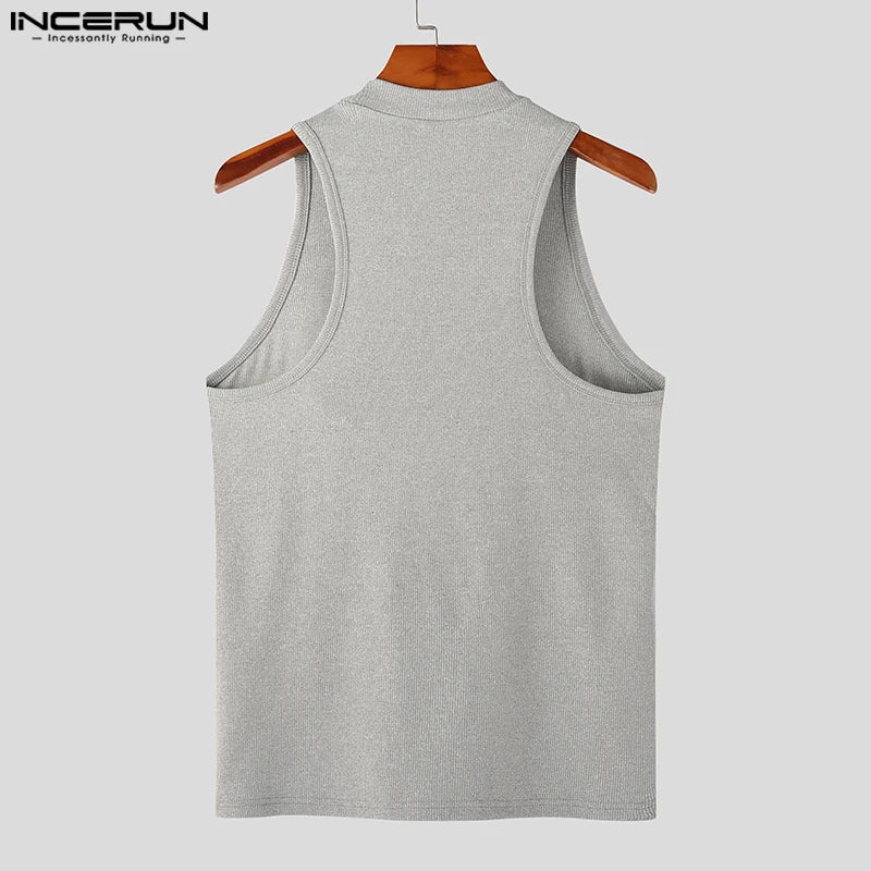 INCERUN Tops 2023 Style américain Nouveau design de fermeture éclair à double tête pour hommes Gilets solides Gilet décontracté tricoté à col mi-haut S-5XL