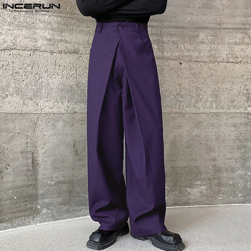 INCERUN 2024 Koreanische Stil Neue Männer Hosen Plissee Doppel Bund Design Hosen Casual Streetwear Männlichen Breite Bein Pantalons S-5XL