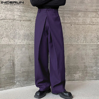 INCERUN 2024 Koreanische Stil Neue Männer Hosen Plissee Doppel Bund Design Hosen Casual Streetwear Männlichen Breite Bein Pantalons S-5XL