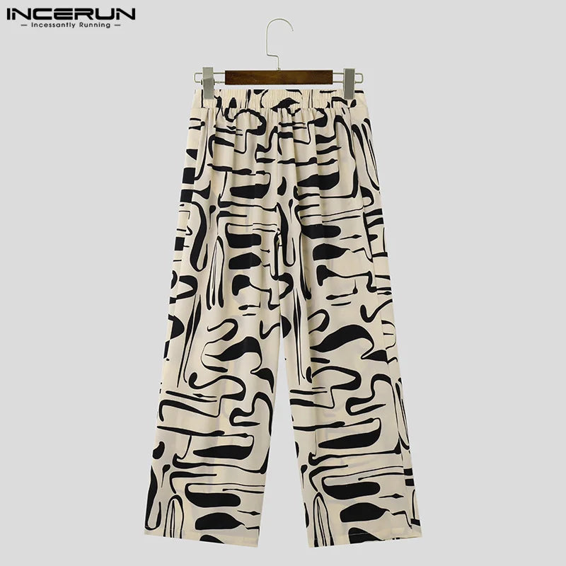 INCERUN 2024 American Style New Men's Trousers Printing Pattern All-match Pantalons Casual Streetwear Wide Leg Long Pants S-5XL