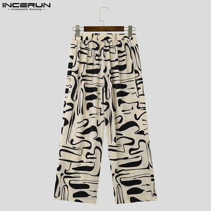 INCERUN 2024 Neue Herrenhose im amerikanischen Stil mit Druckmuster, Allgleiches, Pantalons, lässige Streetwear, breite Beinhose, lange Hose, S-5XL