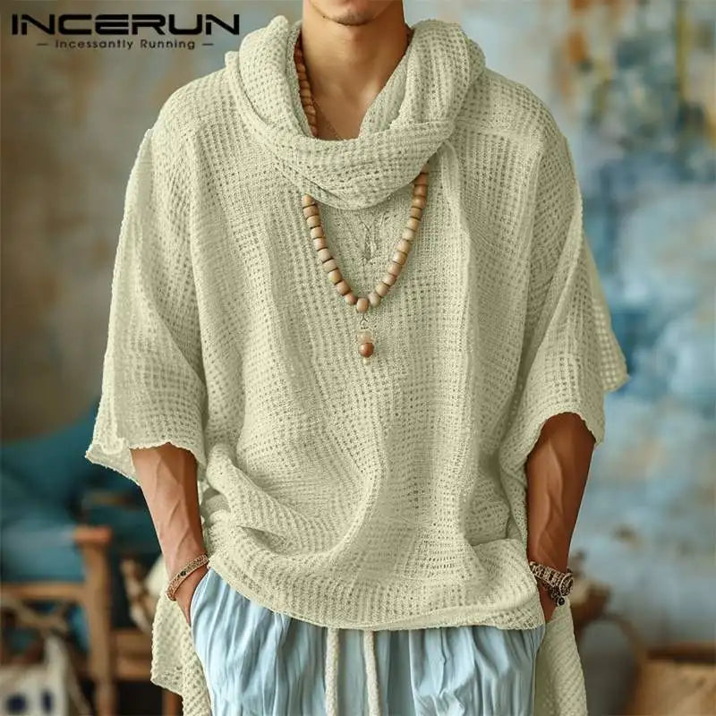 INCERUN Tops 2024 Korean Style Fashion Men's Scarf Pile Collar Design T-shirts Casual Solid Three-quarter Sleeved Camiseta S-5XL