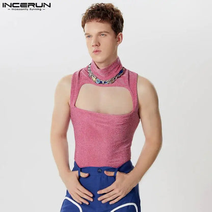 Sexy, stylische Oberteile INCERUN Neue Herren-Unterhemden aus Glitzerstoff mit Hohlsaum Freizeit-Clubwear Halbhoher Halsausschnitt Ärmellose Tanktops S-5XL