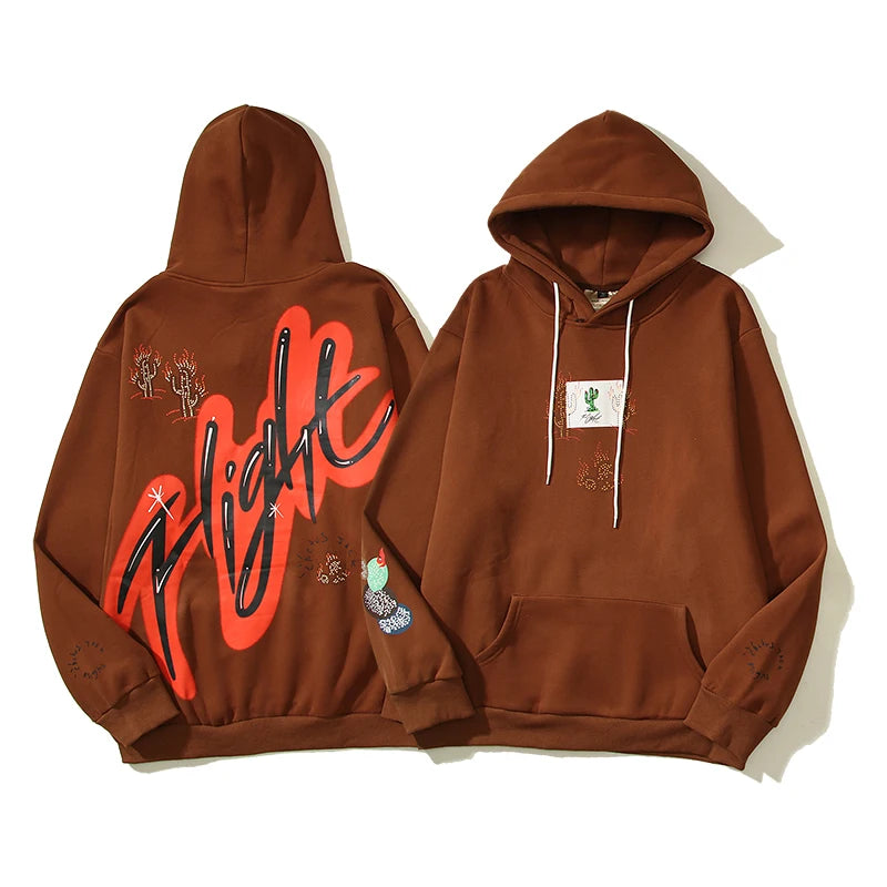 Cactus Jack Letter Brown Fleece Hooded Sweatshirts for Men High Street Baggy Casual Hoodies Unisex Oversized Pullover Hoody