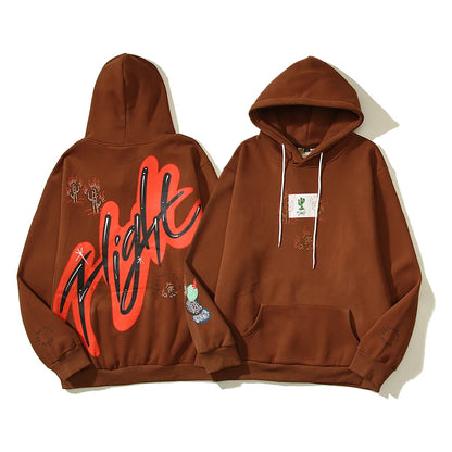 Cactus Jack Letter Brown Fleece Hooded Sweatshirts for Men High Street Baggy Casual Hoodies Unisex Oversized Pullover Hoody