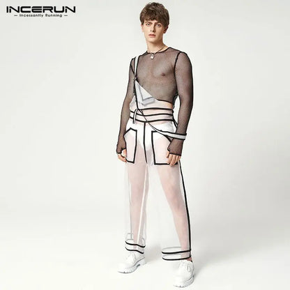 Stylish Well Fitting Rompers INCERUN Men Gauze Perspective Jumpsuit Sexy Leisure Style Male See-through Thin Bodysuit S-5XL 2024