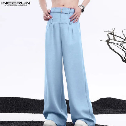 INCERUN 2024 Korean Style Trousers Men Double Waisted Straight Leg Long Pant Casual Well Fitting Loose All-match Pantalons S-5XL