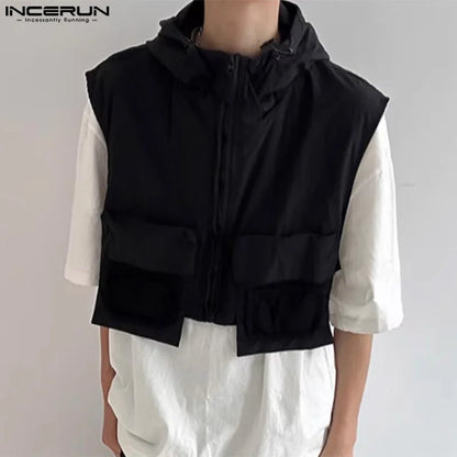 Stylish Casual Style Tops INCERUN Men Thin Cropped Zippered Hooded Design Vests Male Streetwear Solid Sleeveless Waistcoat S-5XL