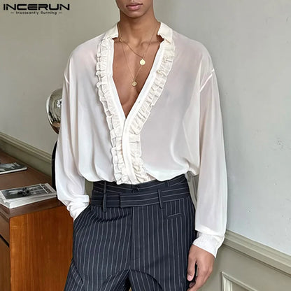 Handsome Well Fitting Tops INCERUN 2024 Men Flounce Edge Design Blouse Casual Simple Male Solid V-neck Long Sleeved Blouse S-5XL