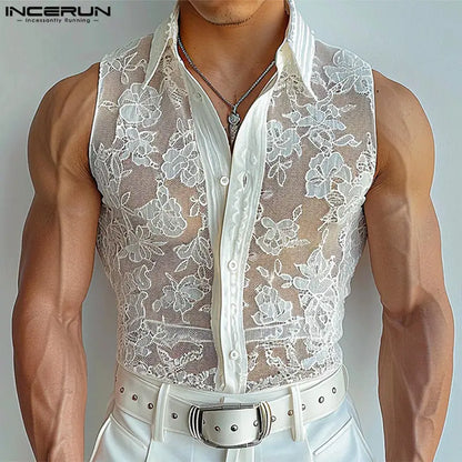 INCERUN Tops 2024 Korean Style Fashion Men's Perspective Lace Floral Design Shirt Sexy Summer Thin Sleeveless Lapel Blouse S-5XL