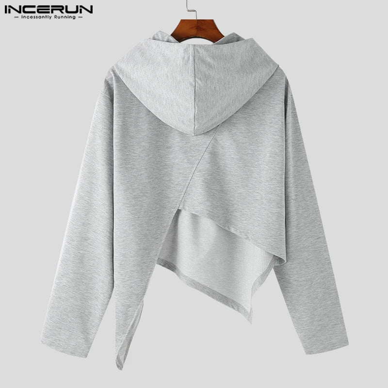 INCERUN Tops 2023 Style coréen Hommes Irrégulier Diagonale Fermeture Éclair Conception Sweat À Capuche Loisirs Mâle Solide À Capuche À Manches Longues Pull S-5XL