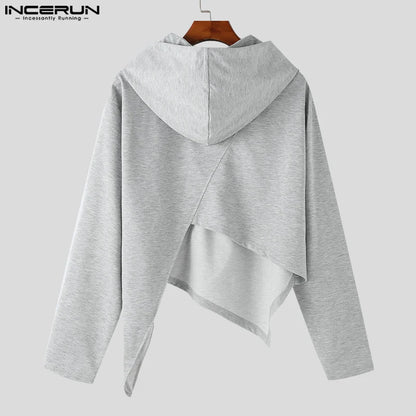 INCERUN Tops 2023 Korean Style Mens Irregular Diagonal Zipper Design Hoodie Leisure Male Solid Hooded Long Sleeved Sweater S-5XL