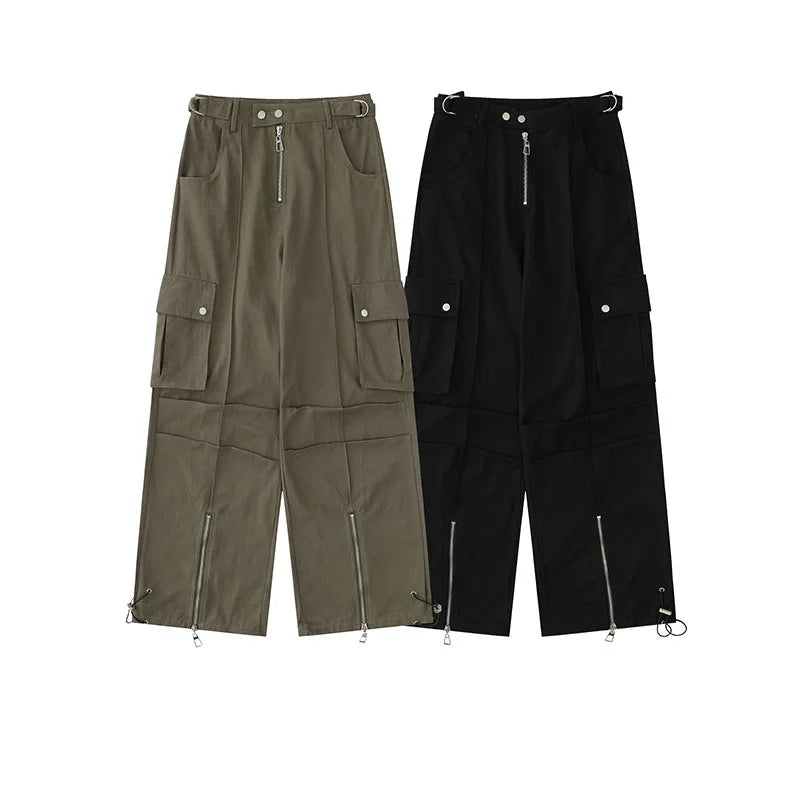 HOUZHOU Cargo Pants Men Hip Hop Zipper Wide Leg Trousers Male Japanese Oversize Outdoor Loose Casual Bottom Streetwear Pocket