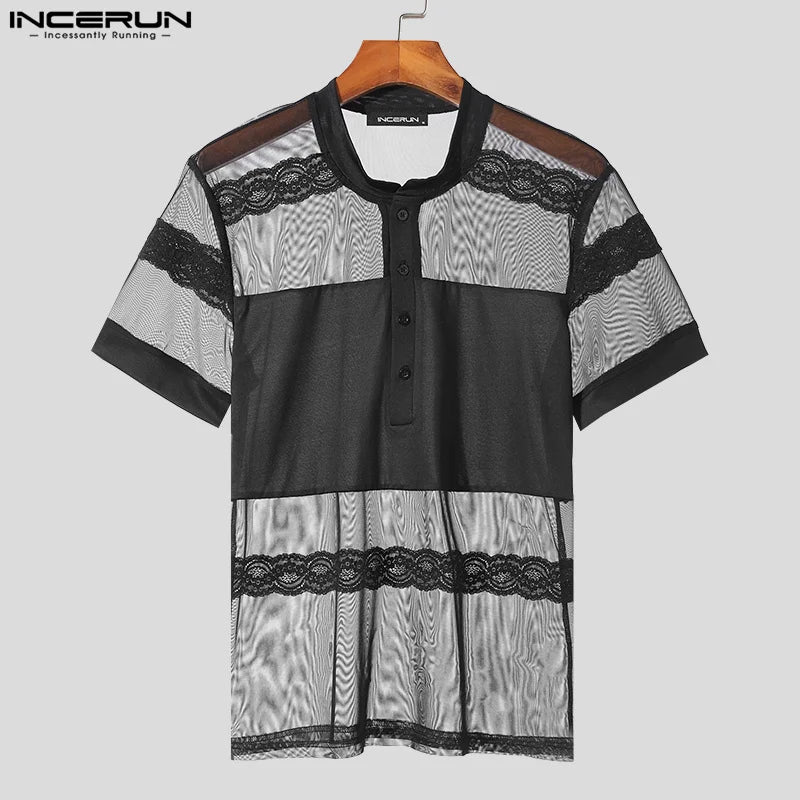 INCERUN Tops 2024 American Style Sexy Men See-through Lace Mesh Splicing T-shirt Male Clubwear Thin Short Sleeved Camiseta S-5XL