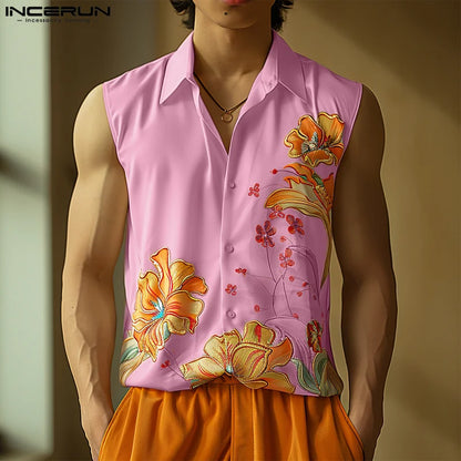 INCERUN Tops 2024 Korean Style Fashion Men's Floral Printed Design Shirts Casual Personality Male Sleeveless Lapel Blouse S-5XL