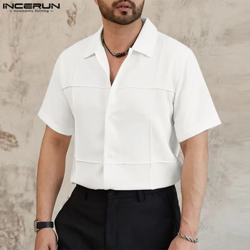 Casual Simple Style Tops INCERUN New Men's Summer Solid Simple Design Shirt Streetwear Male All-match Short Sleeved Blouse S-5XL