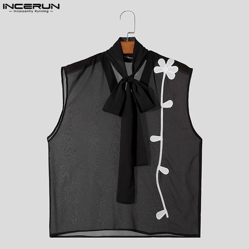 INCERUN Tops 2024 American Style Handsome Men Ribbon Design Vests Stylish Splicing Floral See-through Sleeveless Tank Tops S-5XL