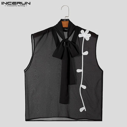 INCERUN Tops 2024 Style américain Beau Hommes Ruban Design Gilets Élégant Épissage Floral Transparent Sans Manches Débardeurs S-5XL