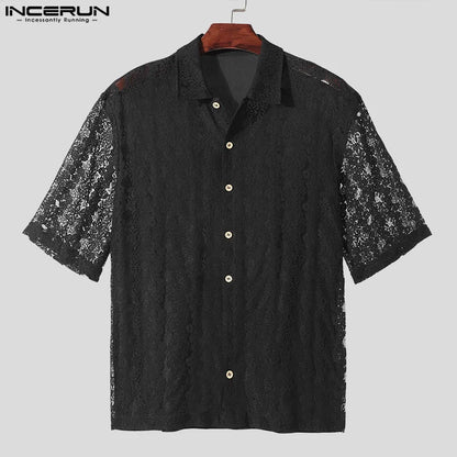 Fashion Well Fitting Tops INCERUN Handsome Men's Perspective Jacquard Shirts Casual Streetwear Lapel Short Sleeved Blouse S-5XL