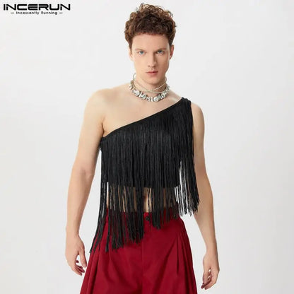 Party Nightclub Style Tops INCERUN Men Sexy Sloping Shoulder Tassel Cropped Vests Stylish Clubwear Hot Sale Thin Tank Tops S-5XL