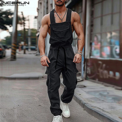 INCERUN 2024 Bodys im amerikanischen Stil Neue Herrenmode Cargo-Overall Casual Streetwear Sexy Solide Schultergurt Strampler S-5XL