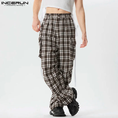 INCERUN 2024 Pantalon de style américain pour hommes, design de poche à carreaux, pantalon cargo long décontracté bien ajusté, vente chaude Pantalons S-5XL