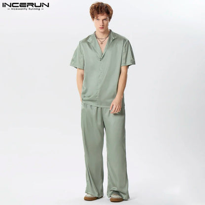 2024 Men Sets Solid Color Streetwear Satin Lapel Short Sleeve Shirt & Pants Two Pieces Sets Summer Men's Casual Suits INCERUN