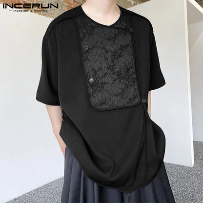 INCERUN Tops 2023 Korean Style New Men's Jacquard Spliced Round Neck T-shirts Casual Streetwear Male Short Sleeve Camiseta S-5XL