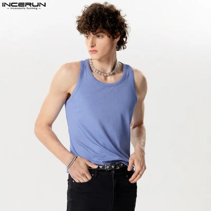 INCERUN Tops 2024 American Style Mens Back Cross Strap Design Vests Casual Streetwear Solid Well Fitting Knitted Tank Tops S-5XL