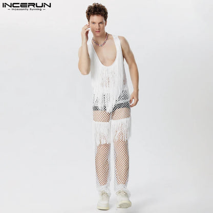 INCERUN 2024 American Style Sets Stylish Sexy Men's Tassel Hollow See-through Vests Pants Leisure Streetwear Suit 2 Pieces S-5XL