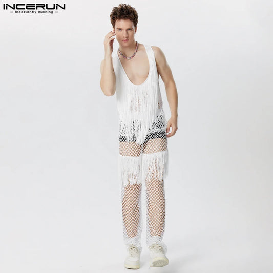 INCERUN 2024 Ensembles de style américain Élégant Sexy Hommes Gland Creux Transparent Gilets Pantalons Loisirs Streetwear Costume 2 Pièces S-5XL