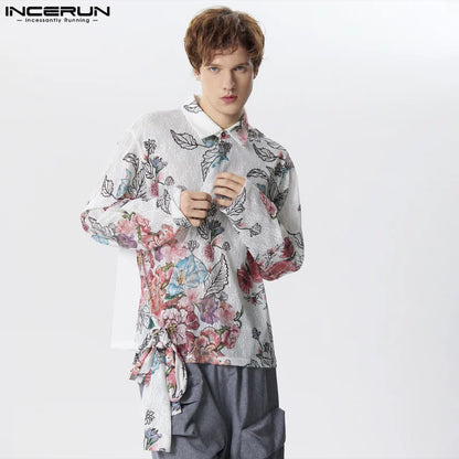 INCERUN Tops 2024 Fashion Men's Lace Floral Printed Shirts Casual Streetwear Cross Tie Design Long Sleeved Cardigan Blouse S-5XL