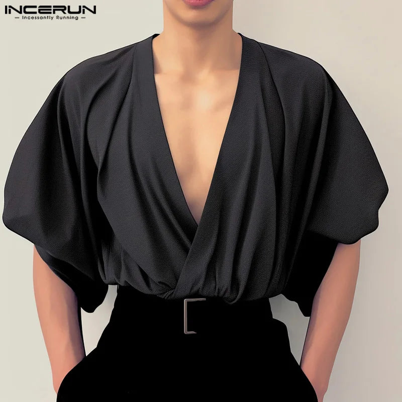 INCERUN Tops 2024 Style coréen Hommes Sexy Grand Col en V Bulle Manches Courtes Chemises Fête Clubwear Personnalité Solide Chemisier S-5XL