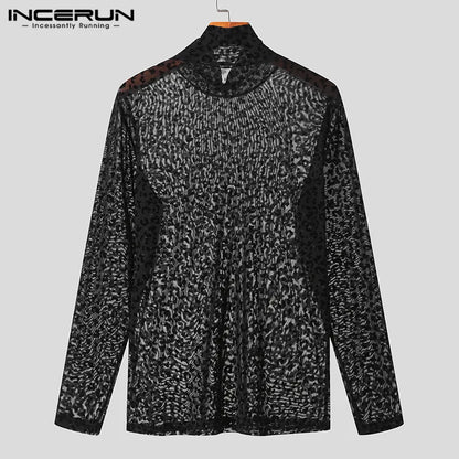 INCERUN Männer T Shirt Leopard Print Rollkragen Mesh Sexy Langarm Durchsichtig Camisetas 2023 Streetwear Fashion Männer Kleidung