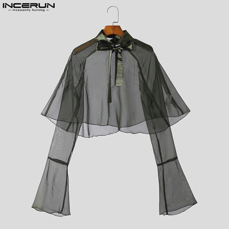 INCERUN Tops 2023 American Style Stylish Men See-through Ribbon Ruffled Blouse Leisure Party Show Thin Long Sleeved Shirts S-5XL