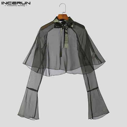 INCERUN Tops 2023 Style américain élégant hommes transparent ruban à volants chemisier loisirs fête spectacle mince chemises à manches longues S-5XL