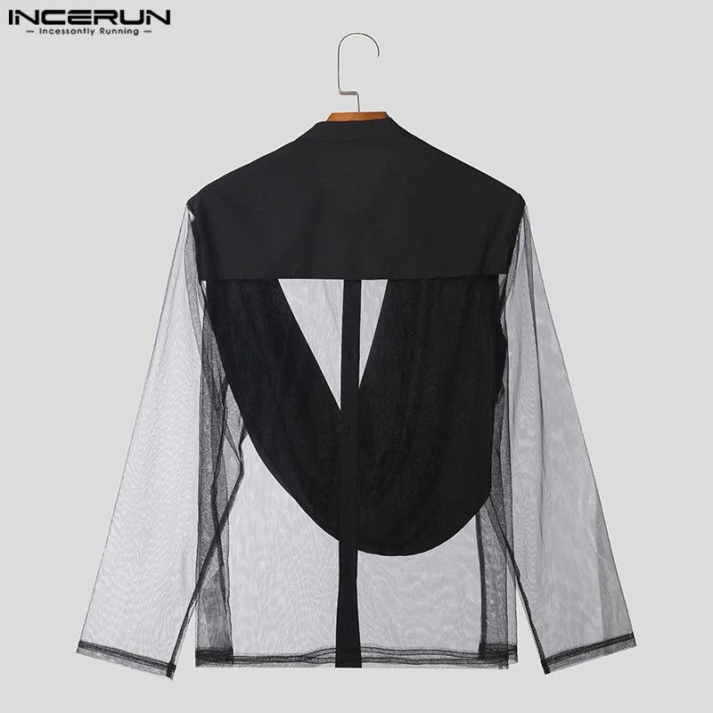 INCERUN Tops 2024 American Style New Mens Front Swing Collar Patchwork Mesh Shirts Casual Sexy Solid Medium Sleeved Blouse S-3XL