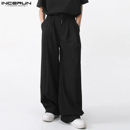 INCERUN 2024 Handsome New Men Trousers Simple Lace Up Drawstring Long Pant Leisure Streetwear Loose Straight Leg Pantalons S-5XL