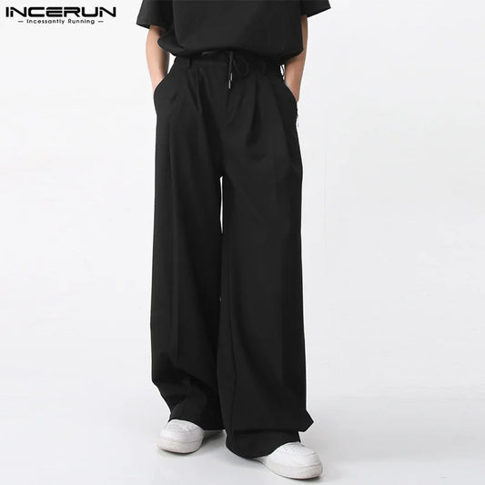 INCERUN 2024 Hübsche Neue Männer Hosen Einfache Schnürung Kordelzug Lange Hose Freizeit Streetwear Lose Gerade Bein Pantalons S-5XL