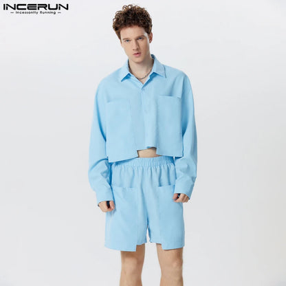 Modische, gut sitzende Sets INCERUN Herren Einfarbige, kurze, große Taschen, langärmelige Hemden und Shorts, lässige Clubwear, zweiteilige Sets S-5XL