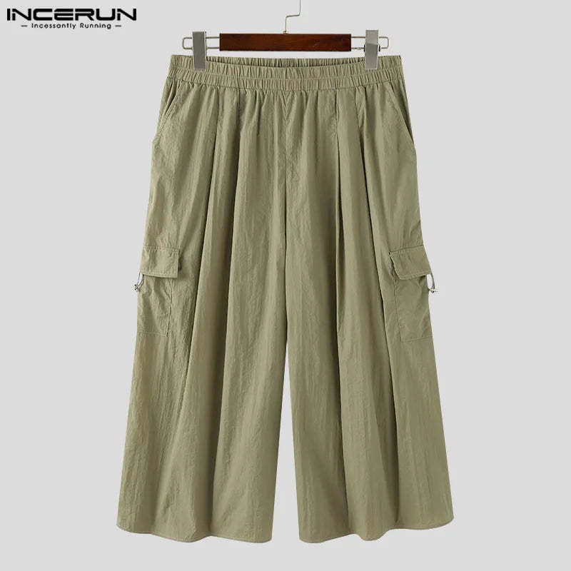 INCERUN 2024 Korean Style Trousers Men Loose Leisure Streetwear Pantalons Stylish Male Solid All-match Wide Leg Long Pants S-5XL