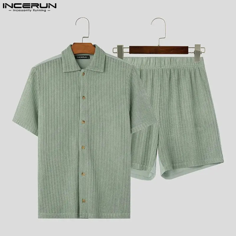 INCERUN 2024 American Style Fashion Sets Men Mesh Vertical Stripe Knitted Short Sleeved Shirts Shorts Summer Two-piece Set S-5XL