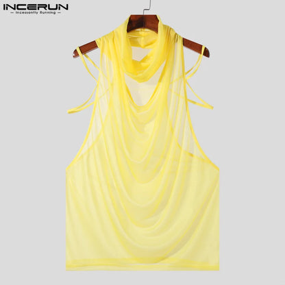 INCERUN Tops 2024 Korean Style Sexy Men See-through Mesh Thin Vests Summer Fashion Male Hot Selling Swing Collar Tank Tops S-5XL